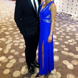 BCBG blue gown with lace and double split